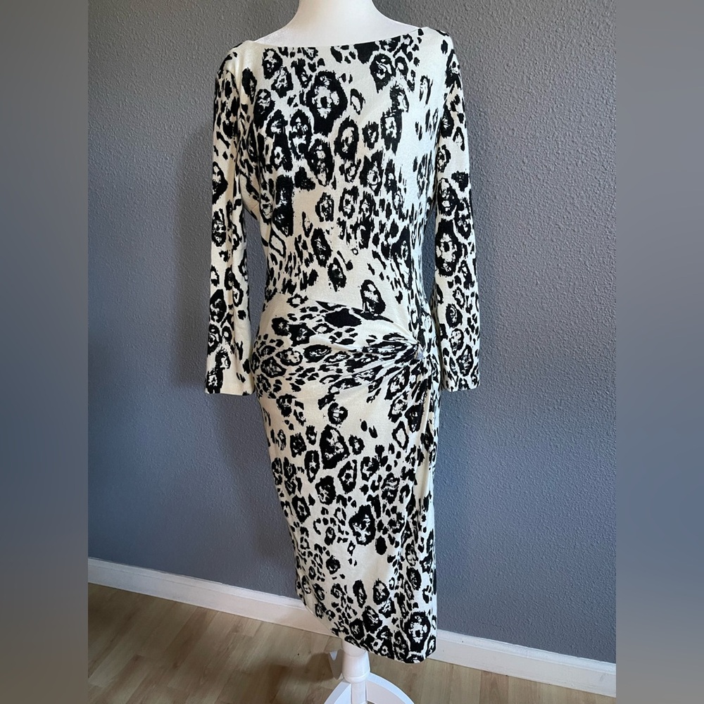 Cache Sheath Dress with Cow Print Boatneck and 3-4th Sleeves